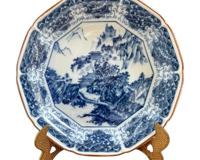 Vintage Japanese Blue & White Pagoda Landscape Porcelain Plate / Shallow Bowl With Brass Stand