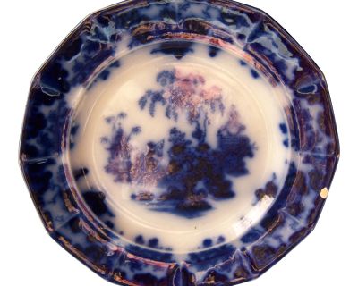 Scinde Pattern by J & G Alcock: Antique Ironstone Transferware Flow Blue 12-Panel Dinner Plate, Circa 1840