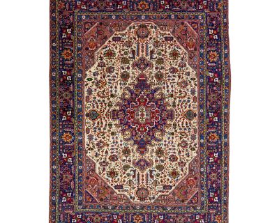 Beige Vintage Tabriz Handmade Wool Rug With Medallion Design