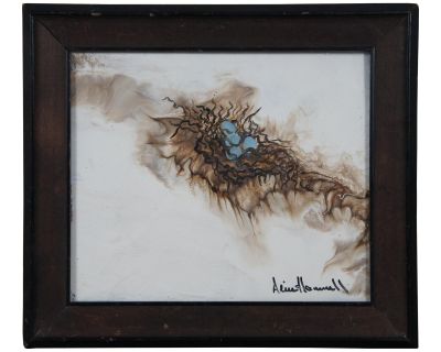 Alice Hammell Vintage Abstract Expressionist Birds Nest Painting Framed 12"