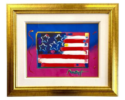 Celebrate the spirit of America with this original Flag With Heart painting by iconic Pop artist Peter Max. Signed lower right. Renowned for his vibrant palette and optimistic imagery, Max reimagines the American flag with a signature twist: a bold red heart nestled among the stars, symbolizing love and unity at the nation s core. Includes COA.. Dimensions 36 W 2 D 30 H Styles Abstract American...