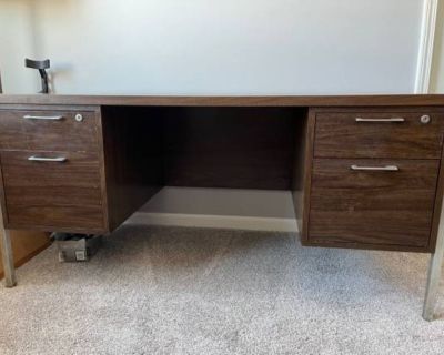 Desk - 4 drawer, (2 deep, 2 shallow with dividers) -Walnut Veneer