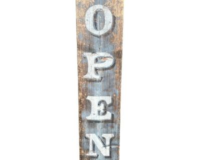 OPEN! Wonderful and truly antique retail sign. Artisan-made, genuine patina from real age. 47" tall, 11" wide, 1" deep. Painted on barn wood plank, hangs from two very strong and properly formed circles on chain. Also fitted with a truly antique iron "hook" for secondary mounting - how is 10" long and could withstand a hurricane! Soft blues, grey, aged white, and lots of pickled / bleached barn...