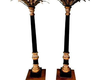 A pair of vintage Hollywood Regency Palm Tree candlestick holders. They are tall and regal. Black wood with copper leaves on top. In the center of the beautiful leaves there is a bud that holds the candlesticks.The leaves are made of thin copper so you can move them slightly the way you like. Long black and painted gold stems on bronze colored squares of wood as the base. They can go with many ...