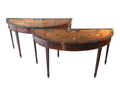 1920s Americana Satin Wood Handpainted Tables - a Pair
