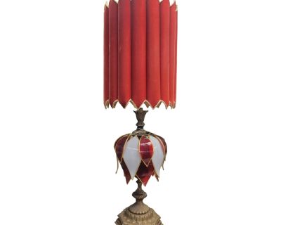 Rare Vintage Extra Tall Hollywood Regency White Red Lotus Flower Custom Pleated Shade Table Lamp