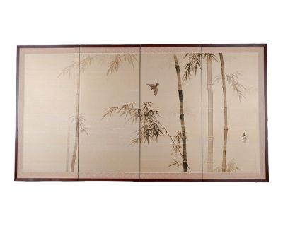 Mid-20th Century Byobu in Very Good + condition Japanese Byobu "Bird among the Bamboo" 4-Panel Folding Silk Screen Tabletop or Wall Hanging Enchanting and Beautiful Fine Asian Collector Item fully opened the screen measures approximately 66" wide x 36" tall each panel is approximately 16" to 17" wide x 36" tall -------------------------------------- Please read ! This splendid nature filled 4-P...