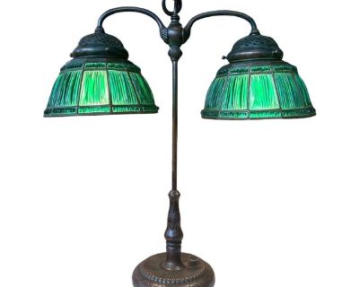 Early 20th Century Green Linenfold Double Student Table Lamp Tiffany Studio