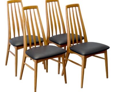 Dimensions: 19" W x 18" D x 38" H Origin: Hornslet, Denmark Designer: Niels Koefoed Manufacturer: Koefoed Hornslet M belfabrik Year: 1964 Materials: Oak, Fabric Details: Newly restored & reupholstered! Niels Koefoed inherited a furniture company from his father; this iconic chair is called the Eva and is named after one of his daughters. He also produced chairs called Peter, Ingrid, and Lis, na...