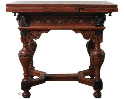 Antique Renaissance Revival Extendable Oak Table With Carved Masks and Ornate Detailing