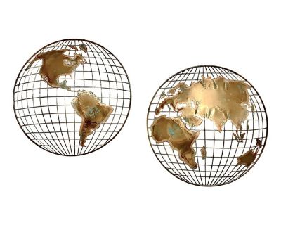 Iconic Curtis Jere World Globe Torch-Cut Brutalist Abstract Metal Art Brass Wall Sculpture, a Pair