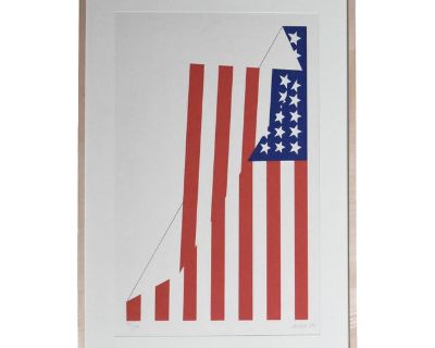 An original silkscreen print by artist Jim Jacobs (b. 1945) from 1980 depicting a flag of the United States of America in an origami-type fold. The print is signed by the artist in pencil, as well as numbered "87 of 200" and dated "80" (1980). Framed size is 31 x 25". Dimensions 25 W 2 D 31 H Styles Minimalism Frame Type Framed Art Subjects Other Period 1980s Country of Origin United States Ite...
