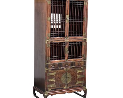 Vintage Korean Two-Piece Display Cabinet With Latticed Mullions