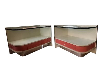 1970s Pair of Pink Post Modern Curved Side Tables With Glass Top and Chrome Accents