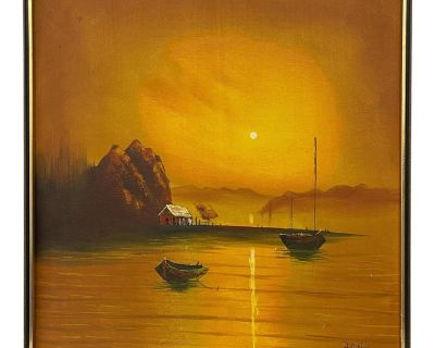 Vintage Sunset Seascape Oil Painting With Fishing Boats, Signed
