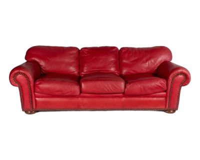 Vivid Ruby Red Vintage Leather Sofa With Rolled Arms and Brass Nailhead Trim, Late 20th Century