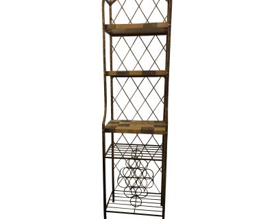 1990s Horchow Wrought Iron Bakers Rack With Stone Shelves and Wine Rack
