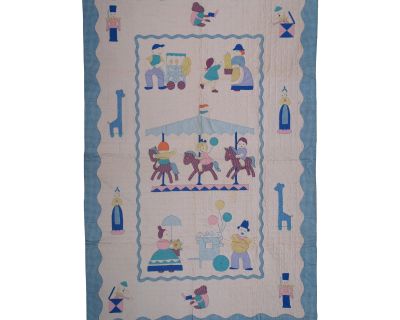 1960s Vintage Merry Go Round Crib Quilt Applique Cotton Childrens Toddler