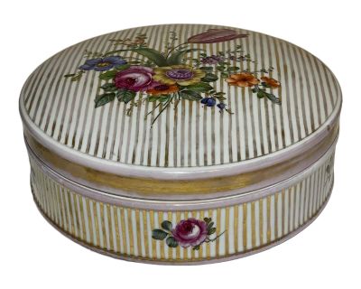 Early 1900s Antique German Porcelain Large Round Gilt Stripe Floral Trinket Box