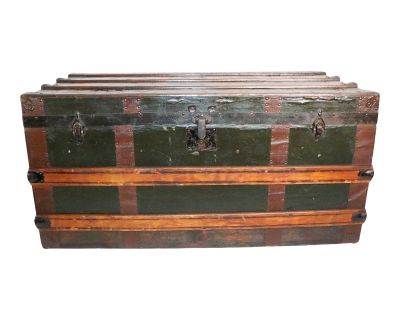 Early 20th Century Antique Canvas Covered Wood With Metal Accents Steamer Trunk