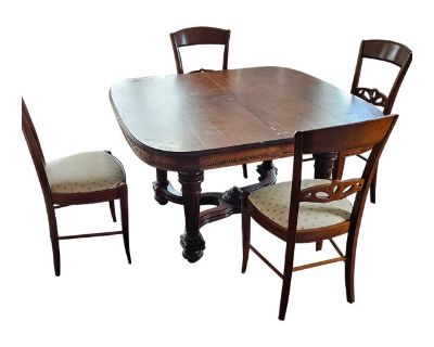 Antique rectangular dinning table, nice mahogany wood ,warm reddish brown L 49"x 47" x 28" in 2 parts base and top very good condition also included 4 chairs made of high quality mahogany wood giving it a beautiful finish. also very good condition pick up locally or get it delivered LAST CALL !!! MOVING ABROAD NOVEMBER 2025 ... last day for pick up November 2 nd. Dimensions 49 W 47 D 28 H Style...