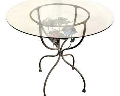 1970s Vintage Round Wrought Iron Glass Top Accent Table