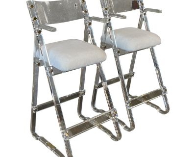 Mid 20th Century Mid Century Modern Lucite Bar Stools in Style of Charles Hollis Jones With Mohair Upholstered Seats - Set of 2