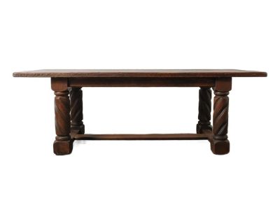 Antique Solid Oak Dining Table With Barley Twist Legs and Stretcher Base