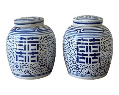 Vintage Lidded Blue and White Double Happiness Jars— A Pair
