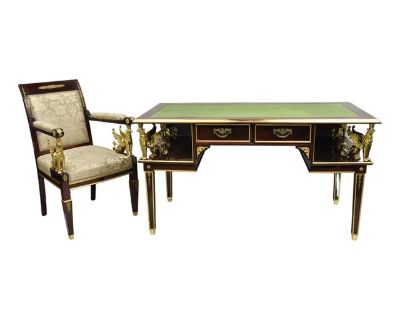 French Empire Revival Green Leather Top Bronze Griffin Mahogany Desk & Chair - Set of 2