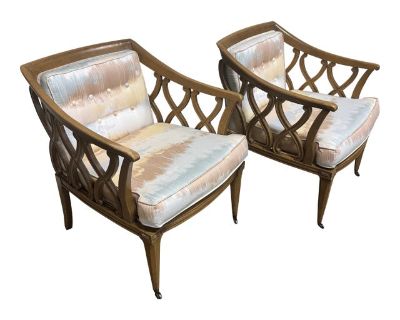 Let me start by saying these would be great lacquered! The upholstery is actually in great shape, but the frame s are a bit worn. No reason they cannot be used as is, but definitely would benefit from makeover. These are similar to Thomasville s Marrakech line. Super solid and ready for their makeover!. Dimensions 26 W 29 D 31 H Styles Hollywood Regency Seat Interior Width 22.0 in Seat Height 1...