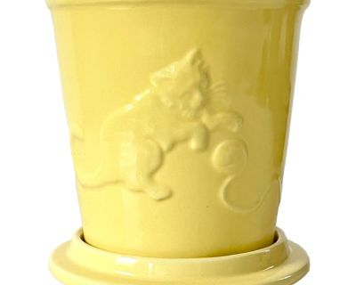 Vintage Yellow Ceramic Planter W/ Kitten Motif