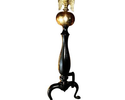 Vintage Federal Eagle Cast Iron Andirons Brass Tops- A Pair in Excellent Condition