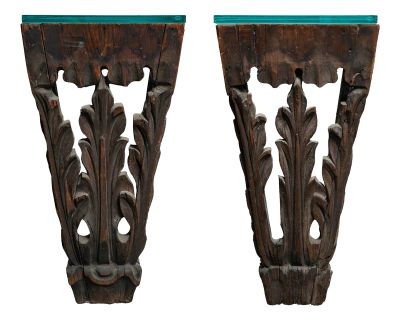 Early 20th Century Pair of Antique Hand Carved Wall Hung Side Tables