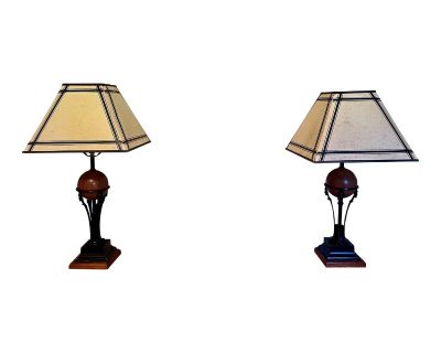 Mid 20th Century Robert Abbey Inc. Art Deco Black Metal Figurine Wood Ball Table Lamps - a Pair