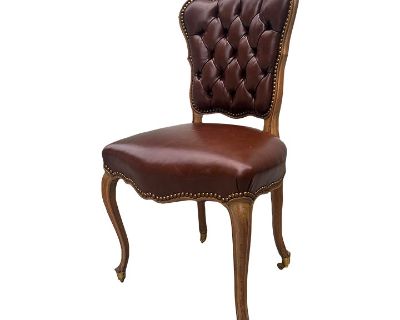 Early 20th Century Antique Louis XV French Style Wood and Tufted Leather Side Chair With Casters