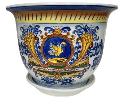 Vintage Large Hand Painted Chinoiserie Blue and White Golden Swan Design Cache Pot Planter