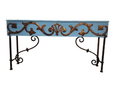 Vintage French Provencal Turquoise Blue Wood Painted & Gilt Wrought Iron Console Table