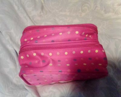 Pink polka dot two layer cosmetic case with little mirror