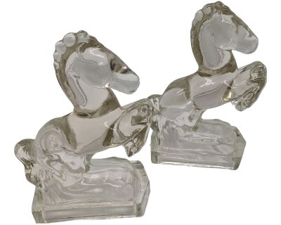 Mid-Century Art Deco Glass Crystal Clear Rearing Horses Clear Bookends - a Pair