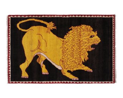Vintage Gabbeh Persian Rug, Gold and Black With Lion Pictorial - Rug & Kilim