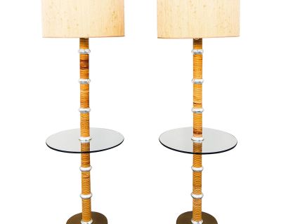 Vintage Mid-Century Boho Rattan, Brass, and Chrome Floor Lamps With Glass Table - a Pair