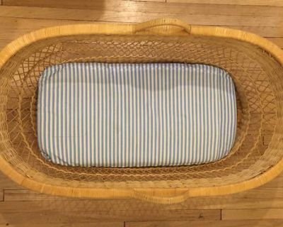 Vintage 1980 s; Wicker Baby Bassinet with Mattress AND Snugli, Baby carrier