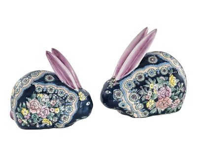 Late 20th Century Rosette by F. Atkins Inc. Floral Textured Bunny Rabbit Figurine Pair