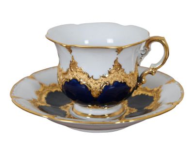 Vintage Meissen Mocha B-Form Cobalt Blue & Gold Porcelain Teacup & Saucer
