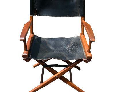 Vintage Mid-Century Black Leather Distressed Directors Chair by the Telescope Folding Chair Company