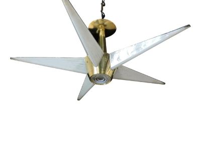 Beautiful and hard to find mid century modern star shaped chandelier made by high quality manufacturer, Lightolier, as part of its Claremont Light series. This lamp has five arms of bent glass which rest in a brass bucket with a fresnel lens on the bottom. The lamp is all original except for the ceiling canopy and it has all new wiring. From a Lightolier ad for the series - "Fixtures designed w...