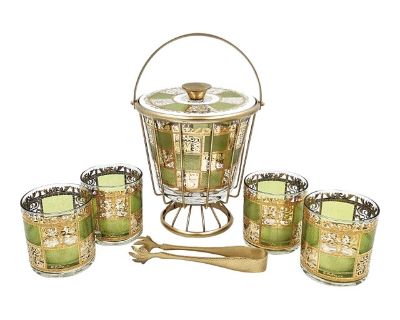 1960s Culver Prado 22k Ceramic Lidded Ice Bucket Glasses- Set of 8