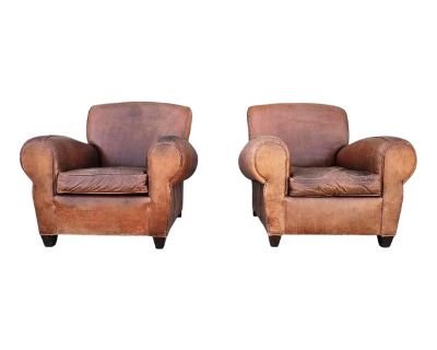 Mitchell Gold for Williams Sonoma Distressed Brown Leather Club Chairs-Set of Two