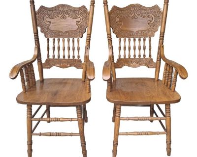 Mid 20th Century Mid-Century Carved Oak Presback ArmChairs- Set of 2